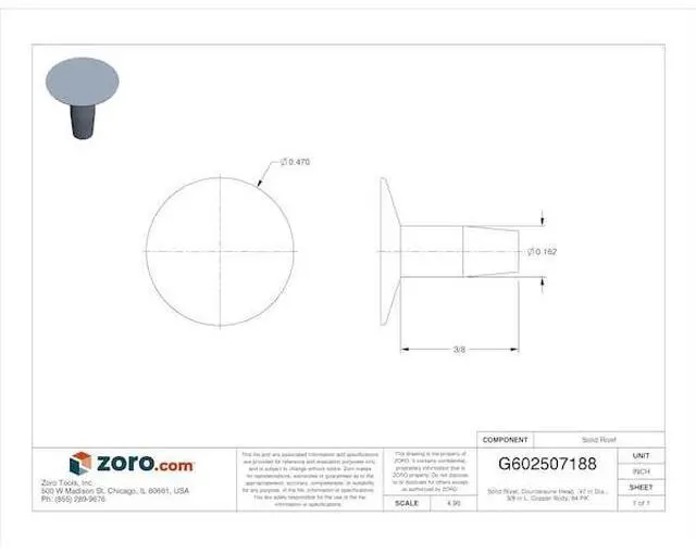 Alt view image 2 of 3 - MIDWEST FASTENER 62202 Solid Rivet, Countersunk Head, .47 in Dia., 3/8 in L,