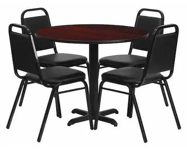 Alt view image 4 of 9 - Flash Furniture HDBF1002-GG Round Mahogany Laminate Table Set with 4 Black Trapezoidal Back Banquet Chairs, 36"