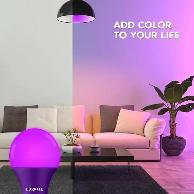 Alt view image 5 of 7 - LUXRITE LR21494-2PK A19 LED Light Bulbs 8W (60W Equivalent) Purple Colored