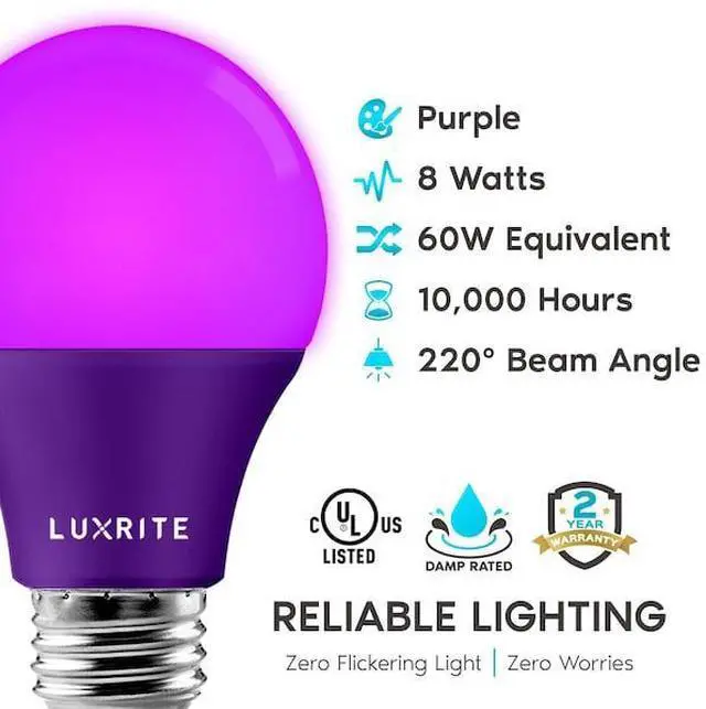 Alt view image 3 of 7 - LUXRITE LR21494-2PK A19 LED Light Bulbs 8W (60W Equivalent) Purple Colored