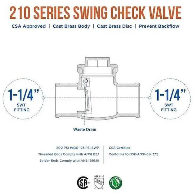 Alt view image 5 of 6 - EVERFLOW 210C114-NL SWT Swing Check Valve, Cast Brass 1-1/4"