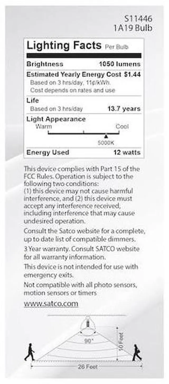 Alt view image 6 of 7 - SATCO S11446 12 Watt A19 LED, White, 5000K, 1050 Lumens, 120 Volt, PIR Sensor,