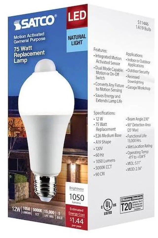Alt view image 7 of 7 - SATCO S11446 12 Watt A19 LED, White, 5000K, 1050 Lumens, 120 Volt, PIR Sensor,