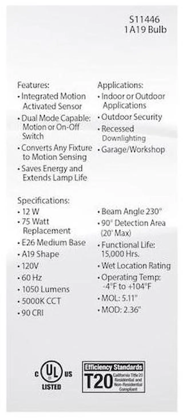 Alt view image 5 of 7 - SATCO S11446 12 Watt A19 LED, White, 5000K, 1050 Lumens, 120 Volt, PIR Sensor,