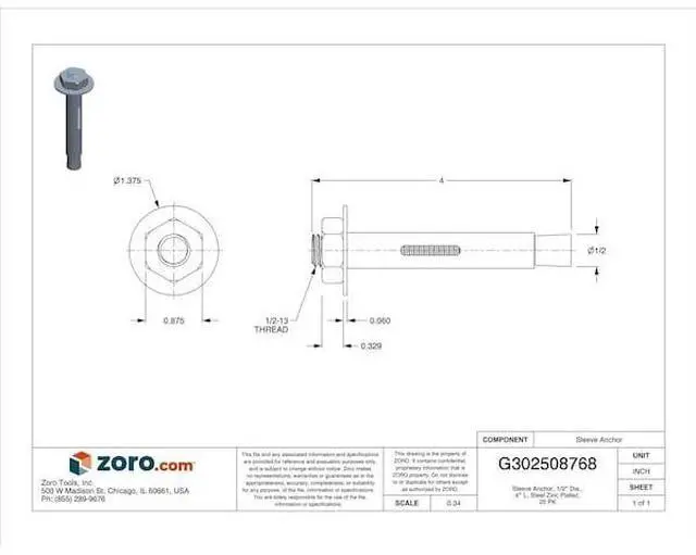 Alt view image 3 of 3 - RED HEAD 50360 Sleeve Anchor, 1/2" Dia., 4" L, Steel Zinc Plated, 25 PK