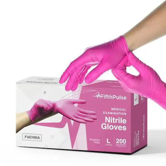 Alt view image 7 of 12 - Fifth Pulse Nitrile Exam Latex Free & Powder Free Gloves - Fushia - Box of 200 Gloves (Large)