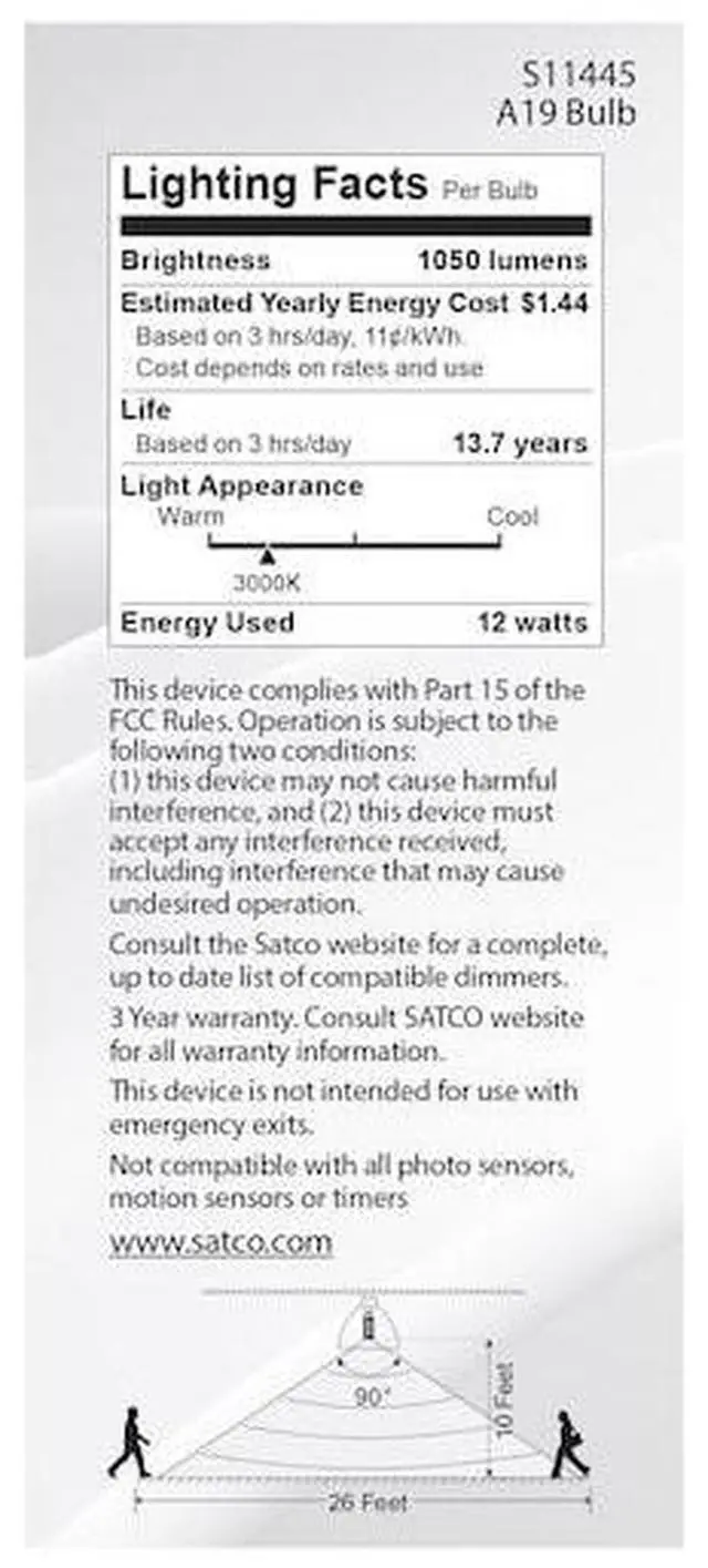 Alt view image 6 of 7 - SATCO S11445 12 Watt A19 LED, White, 3000K, 1050 Lumens, 120 Volt, PIR Sensor,