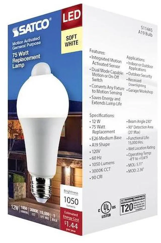 Alt view image 7 of 7 - SATCO S11445 12 Watt A19 LED, White, 3000K, 1050 Lumens, 120 Volt, PIR Sensor,
