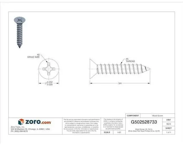 Alt view image 3 of 3 - MIDWEST FASTENER 79363 Wood Screw, #5, 3/4 in, White Steel Flat Head Phillips