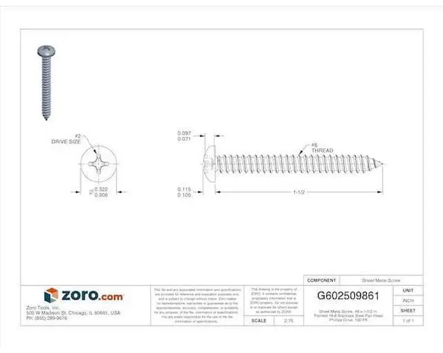 Alt view image 2 of 2 - MIDWEST FASTENER 09078 Sheet Metal Screw, #8 x 1-1/2 in, Painted 18-8 Stainless