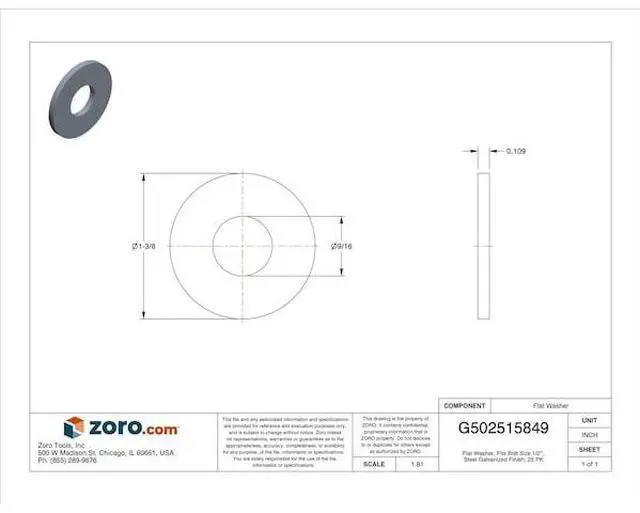 Alt view image 3 of 3 - MIDWEST FASTENER 35444 Flat Washer, For Screw Size 1/2" ,Steel Galvanized