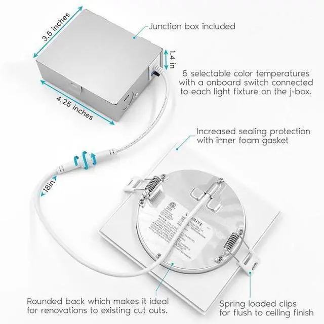 Alt view image 6 of 7 - LUXRITE LR23759-6PK 4" Square Ultra Thin LED Recessed Downlights 5 CCT