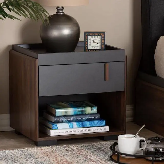 Alt view image 19 of 20 - Baxton Studio Rikke Modern and Contemporary Two-Tone Gray and Walnut Finished Wood 1-Drawer Nightstand
