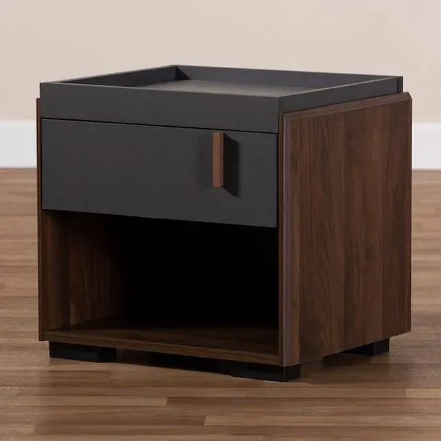 Alt view image 20 of 20 - Baxton Studio Rikke Modern and Contemporary Two-Tone Gray and Walnut Finished Wood 1-Drawer Nightstand