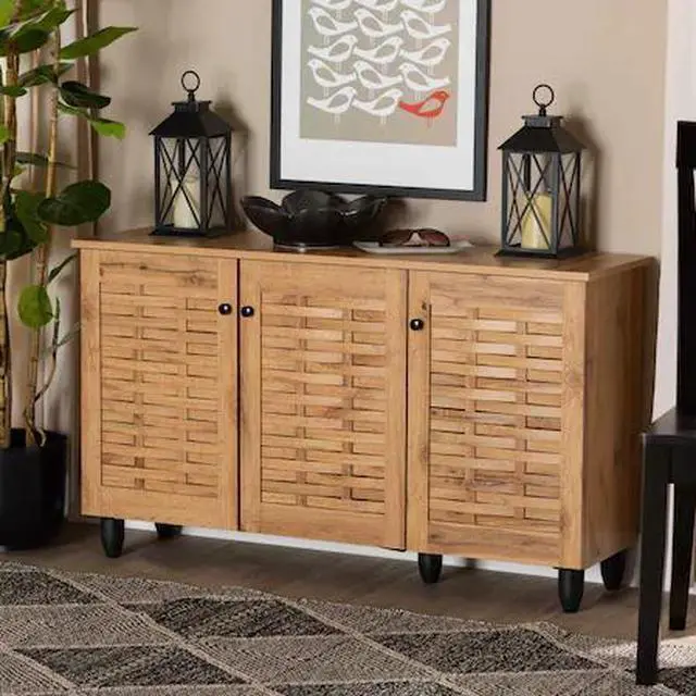Alt view image 7 of 20 - Baxton Studio Winda Modern and Contemporary Oak Brown Finished Wood 3-Door Shoe Cabinet