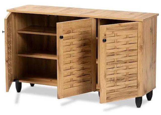 Alt view image 9 of 20 - Baxton Studio Winda Modern and Contemporary Oak Brown Finished Wood 3-Door Shoe Cabinet