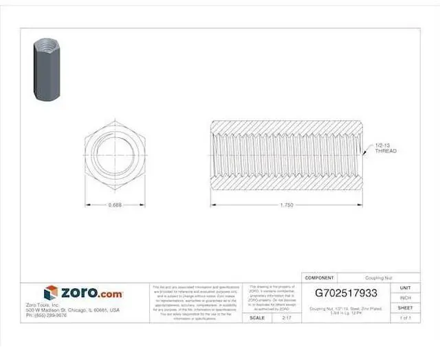 Alt view image 2 of 2 - MIDWEST FASTENER 03495 Coupling Nut, 1/2"-13, Steel, Zinc Plated, 1-3/4 in Lg,