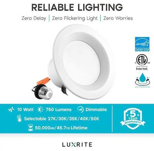 Alt view image 7 of 7 - LUXRITE LR23790-6PK 4" LED Recessed Can Lights 5 CCT Selectable 2700K-5000K 10W