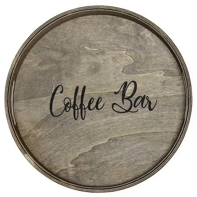 Alt view image 14 of 20 - Elegant Designs Decorative 13.75" Round Wood Serving Tray w/ Handles, "Coffee Bar"