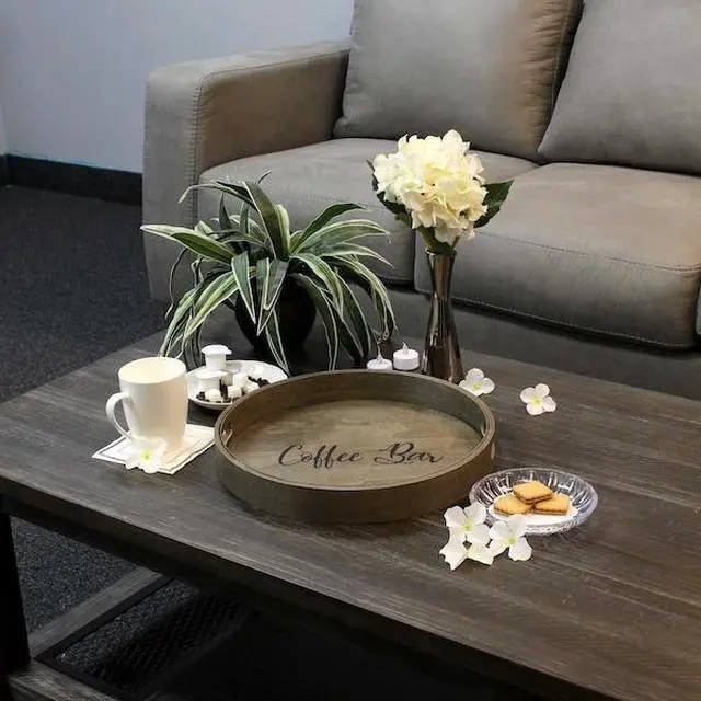 Alt view image 15 of 20 - Elegant Designs Decorative 13.75" Round Wood Serving Tray w/ Handles, "Coffee Bar"