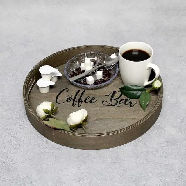 Alt view image 20 of 20 - Elegant Designs Decorative 13.75" Round Wood Serving Tray w/ Handles, "Coffee Bar"