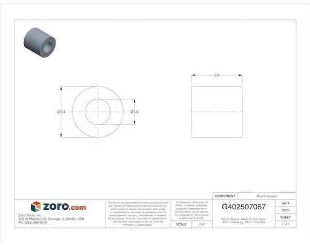 Alt view image 2 of 3 - MIDWEST FASTENER 34085 Round Spacer, Black Chrome Steel, 3/4 in Overall Lg, 3/8