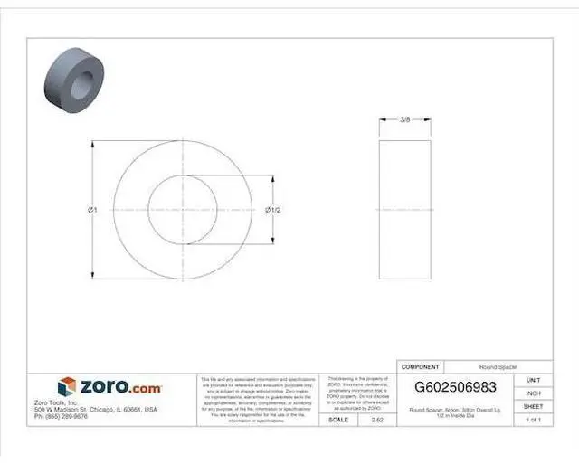 Alt view image 3 of 3 - MIDWEST FASTENER 65828 Round Spacer, Nylon, 3/8 in Overall Lg, 1/2 in Inside