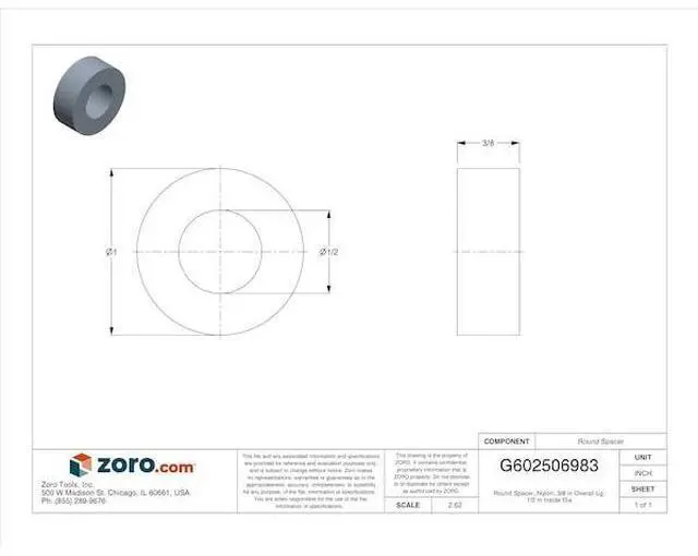 Alt view image 2 of 3 - MIDWEST FASTENER 65828 Round Spacer, Nylon, 3/8 in Overall Lg, 1/2 in Inside