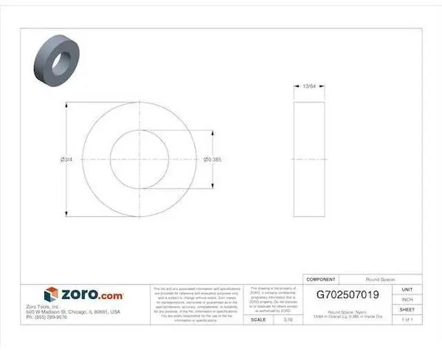 Alt view image 2 of 3 - MIDWEST FASTENER 65825 Round Spacer, Nylon, 13/64 in Overall Lg, 0.385 in