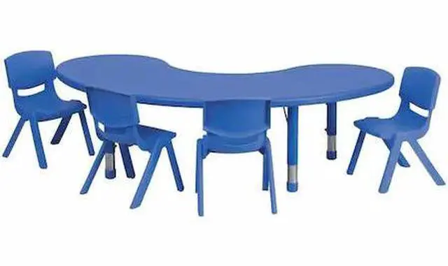 Alt view image 2 of 8 - 35''W x 65''L Half-Moon Blue Plastic Height Adjustable Activity Table Set with 4 Chairs