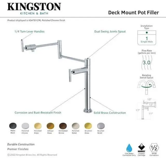 Alt view image 2 of 2 - KINGSTON BRASS KS4708CML Deck Mount Pot Filler, Brushed Nickel
