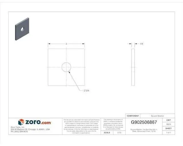 Alt view image 2 of 2 - MIDWEST FASTENER 54915 Square Washer, Fits Bolt Size 3/4 in ,Steel Galvanized