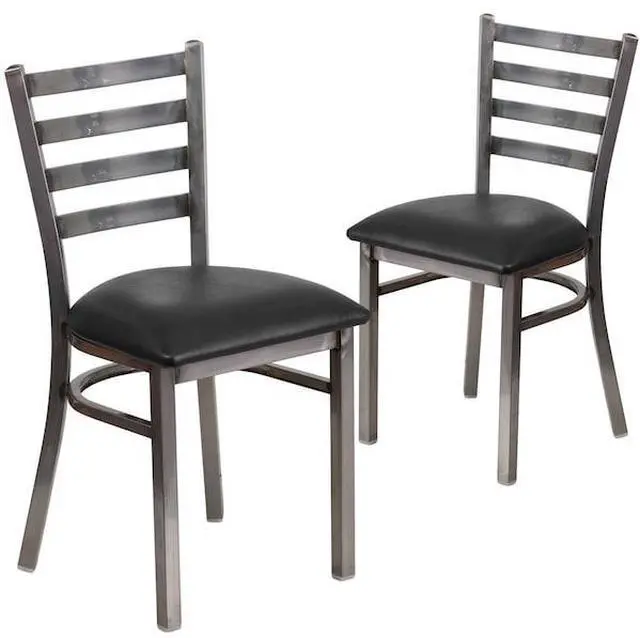 Alt view image 5 of 10 - 2 Pk. HERCULES Series Clear Coated Ladder Back Metal Restaurant Chair - Black Vinyl Seat