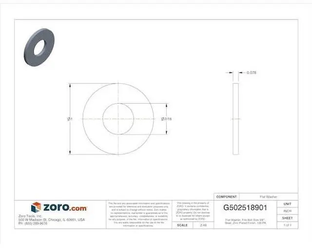 Alt view image 2 of 2 - MIDWEST FASTENER 03828 Flat Washer, For Screw Size 3/8" ,Steel Zinc Plated