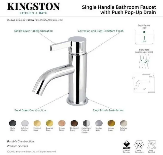 Alt view image 2 of 2 - KINGSTON BRASS LS8222CTL SingleHandle Bathroom Faucet with Push PopUp, Polished