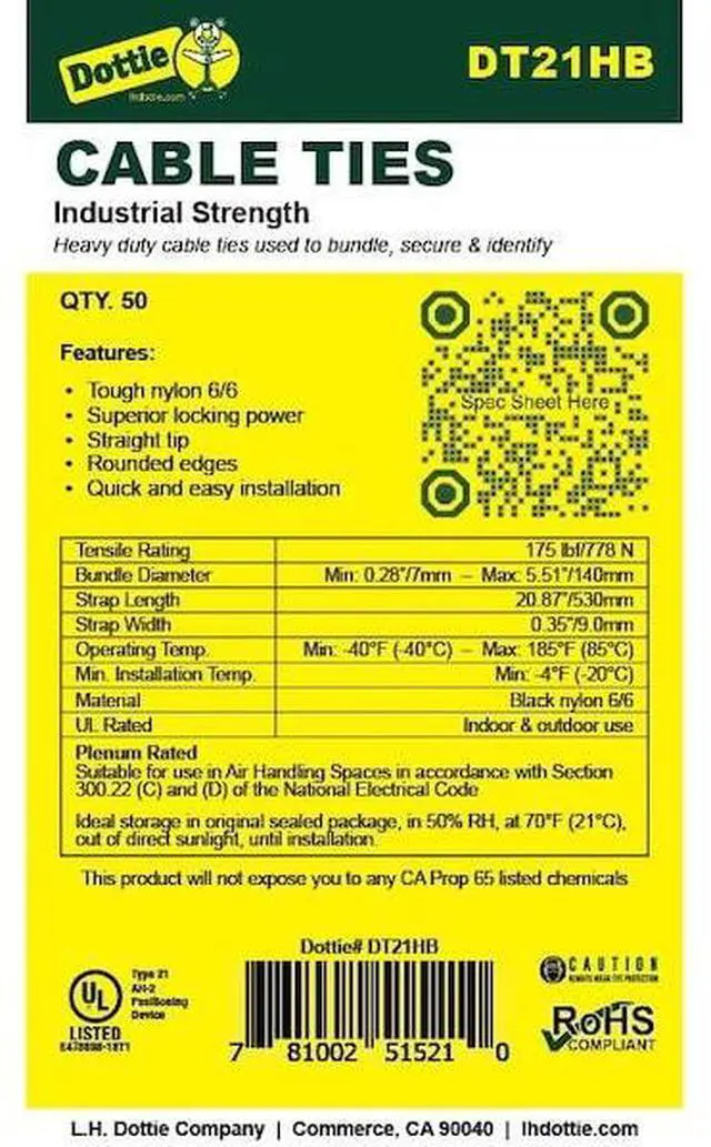 Alt view image 3 of 3 - DOTTIE DT21HB Cable Tie, 21 in L, 5.51 in Max Bundle Dia., Black, Nylon 6/6,