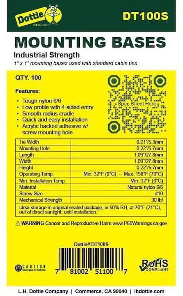 Alt view image 2 of 2 - DOTTIE DT100S L.H. Dottie 1'' X 1'' Natural Cable Tie Mounting Base, 100PK