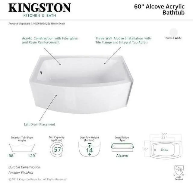 Alt view image 2 of 3 - AQUA EDEN VTDR603022L Alcove Bathtubs, 60 L, 35 W, White, Acrylic