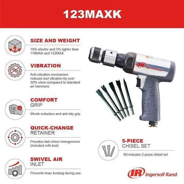Alt view image 10 of 11 - Ingersoll Rand 122MAXK - Vibration Reduced Short Barrel Air Hammer w/ 5 Chisels