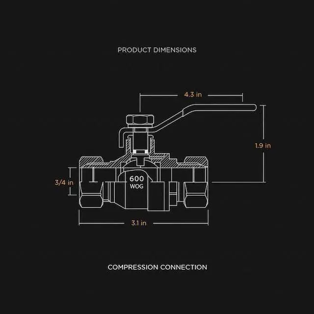 Alt view image 2 of 3 - EVERFLOW 600M034-NL Compression Full Port Ball Valve, Brass 3/4"