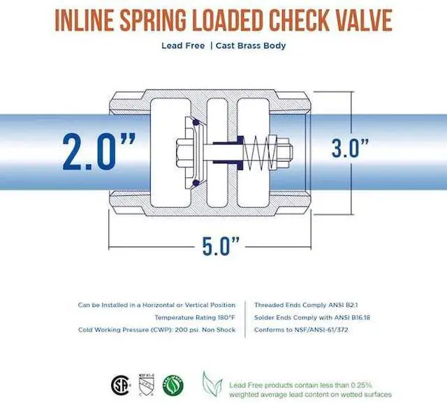 Alt view image 2 of 4 - EVERFLOW 150T200-NL FIP Inline Spring Loaded Check Valve, Cast Brass 2"