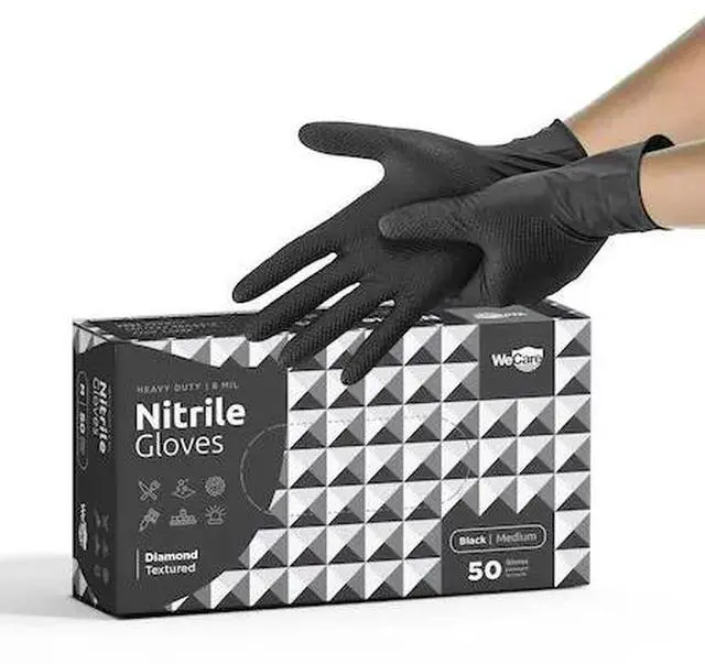 Alt view image 2 of 13 - WeCare Nitrile Gloves 8 Mil - Heavy Duty Gloves with Diamond Texture Grip - Powder and Latex Free Disposable Gloves - Medium - 50 Count - Black