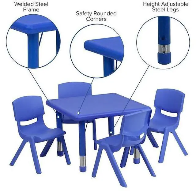 Alt view image 16 of 16 - 24'' Square Blue Plastic Height Adjustable Activity Table Set with 4 Chairs