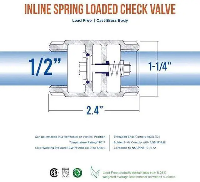 Alt view image 2 of 3 - EVERFLOW 150T012-NL FIP Inline Spring Loaded Check Valve, Cast Brass 1/2"