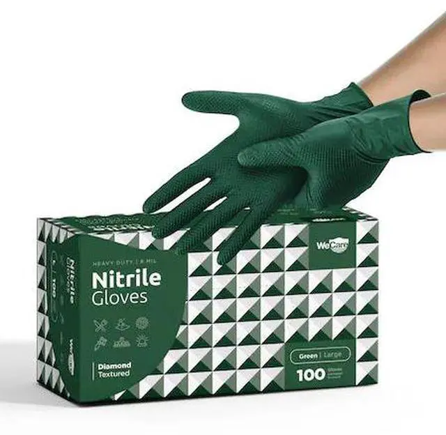 Alt view image 7 of 13 - WeCare Nitrile Gloves 8 Mil - Heavy Duty Gloves with Diamond Texture Grip - Powder and Latex Free Disposable Gloves - Large - 100 Count - Green