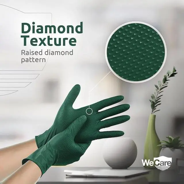 Alt view image 12 of 13 - WeCare Nitrile Gloves 8 Mil - Heavy Duty Gloves with Diamond Texture Grip - Powder and Latex Free Disposable Gloves - Large - 100 Count - Green