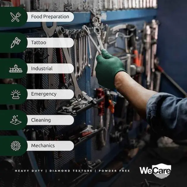 Alt view image 10 of 13 - WeCare Nitrile Gloves 8 Mil - Heavy Duty Gloves with Diamond Texture Grip - Powder and Latex Free Disposable Gloves - Large - 100 Count - Green