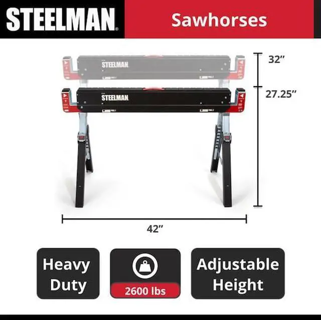 Alt view image 6 of 7 - STEELMAN 92786 2-Piece Height Adjustable Folding Sawhorse and Work Table Set,
