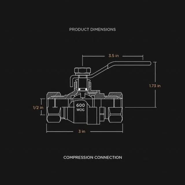 Alt view image 3 of 3 - EVERFLOW 600M012-NL Compression Full Port Ball Valve, Brass 1/2"