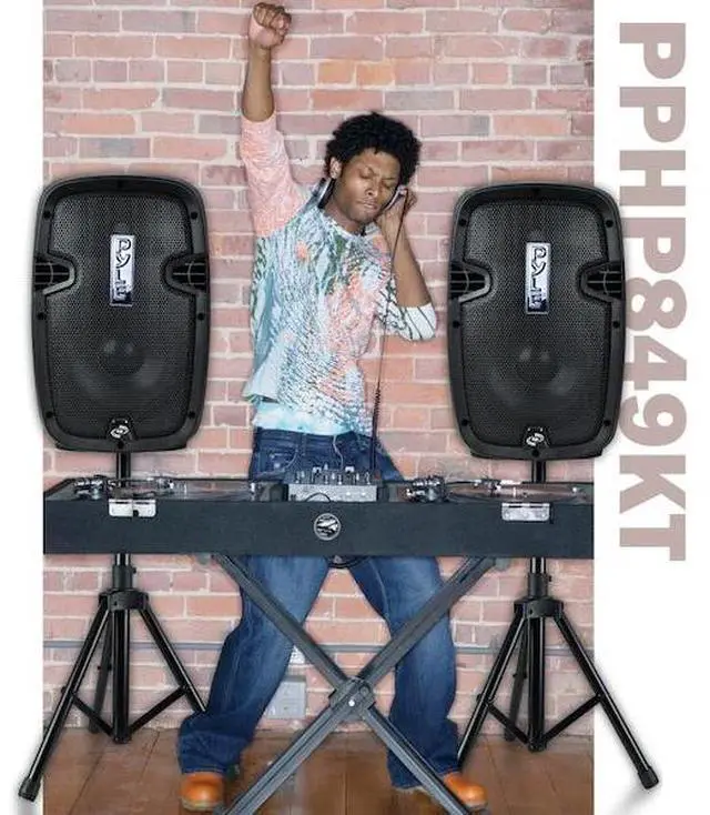 Alt view image 12 of 12 - Powered PA Speaker System Active & Passive Bluetooth Loudspeakers Kit with 8 Inch Speakers, Wired Microphone, MP3/USB/SD/AUX Readers, Speaker Stands- PYLE PPHP849KT.5,Black